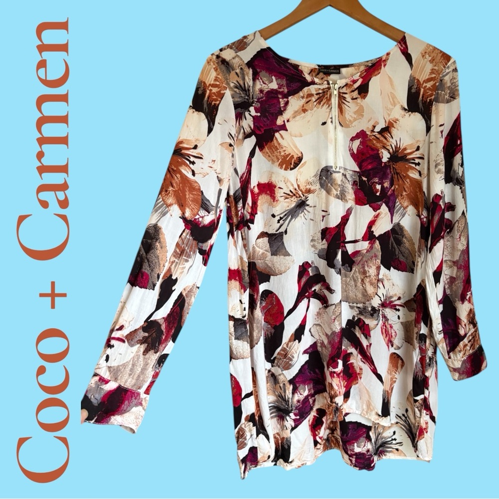 Coco + Carmen Floral Viscose Tunic Top, Gold Zip Front,  Boho Size M. Like new! - Picture 3 of 10